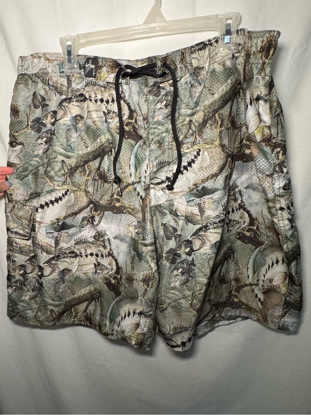 Guy Harvey Bass Fish Camo Swim Trunks Board Shorts Mens Size L